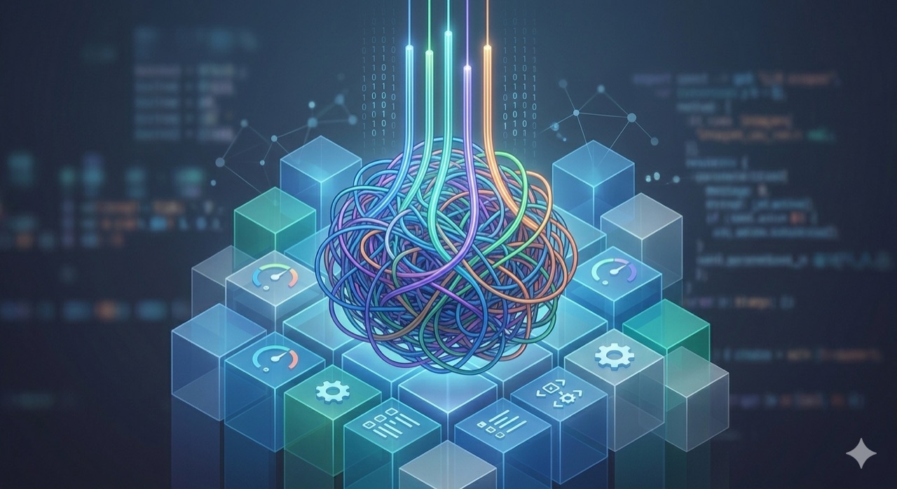 A tangle of glowing threads resolving into a grid of clean, labeled blocks.
